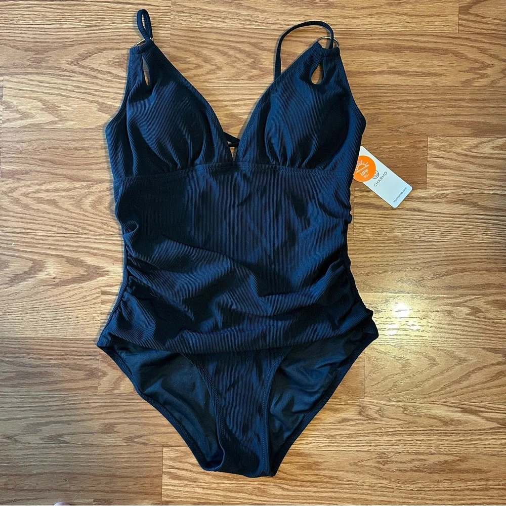 NWT Charmo Black Ribbed Ruched One-Piece Swimsuit Size L - Picture 3 of 12